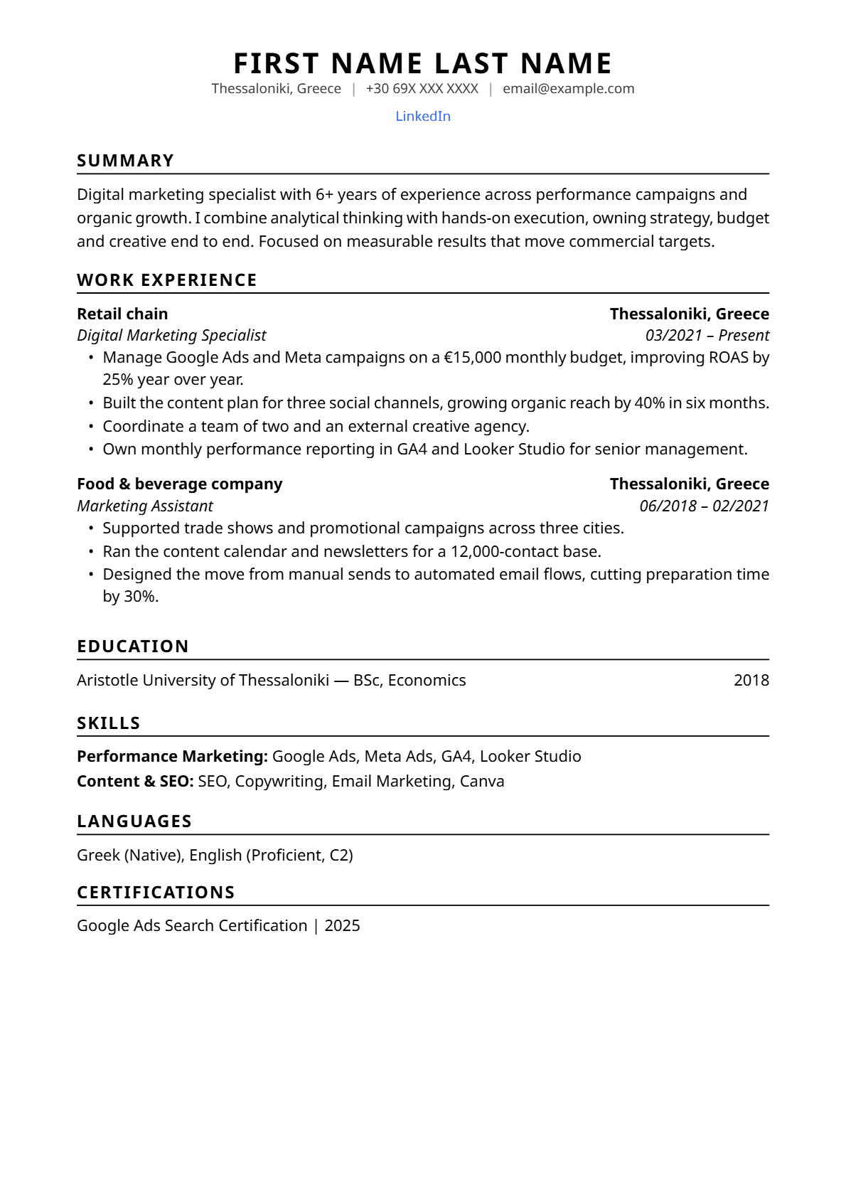 The first page of the sample CV, exactly as it downloads in PDF